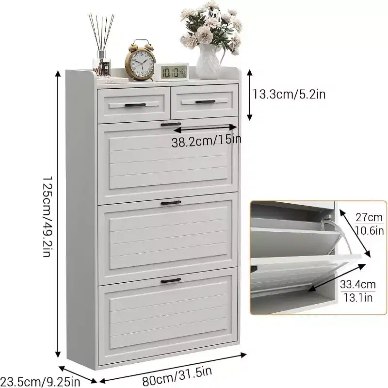 Meuble à chaussures avec 3 tiroirs basculants et 2 tiroirs, meuble à chaussures en bois caché pour entrée, meuble de rangement à chaussures sur pied, étagère à chaussures étroite