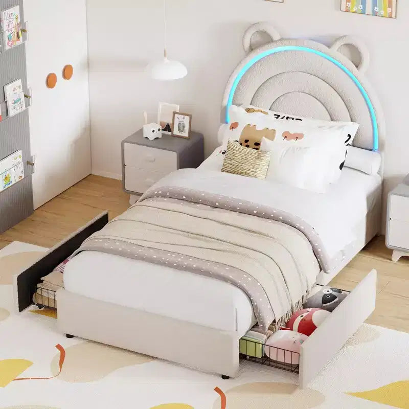 Lit plateforme rembourré avec tiroirs de rangement et tête de lit décorative, support à lattes en bois robuste, pas besoin de sommier tapissier, montage facile