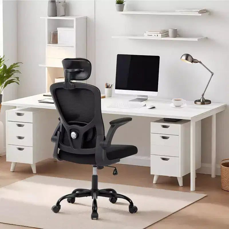 Fauteuil de bureau ergonomique haut de gamme en maille gris clair - Appui-tête réglable et dossier inclinable, pivotant à 360° - Roulettes silencieuses, agréable pour la peau et durable