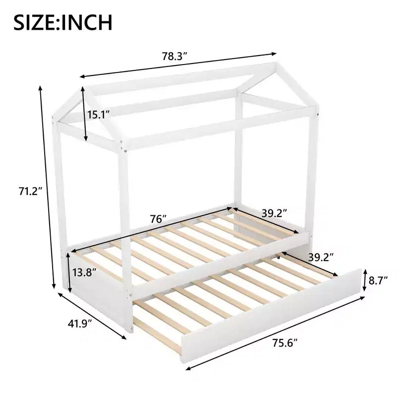 Lit cabane en bois double avec lit gigogne, blanc