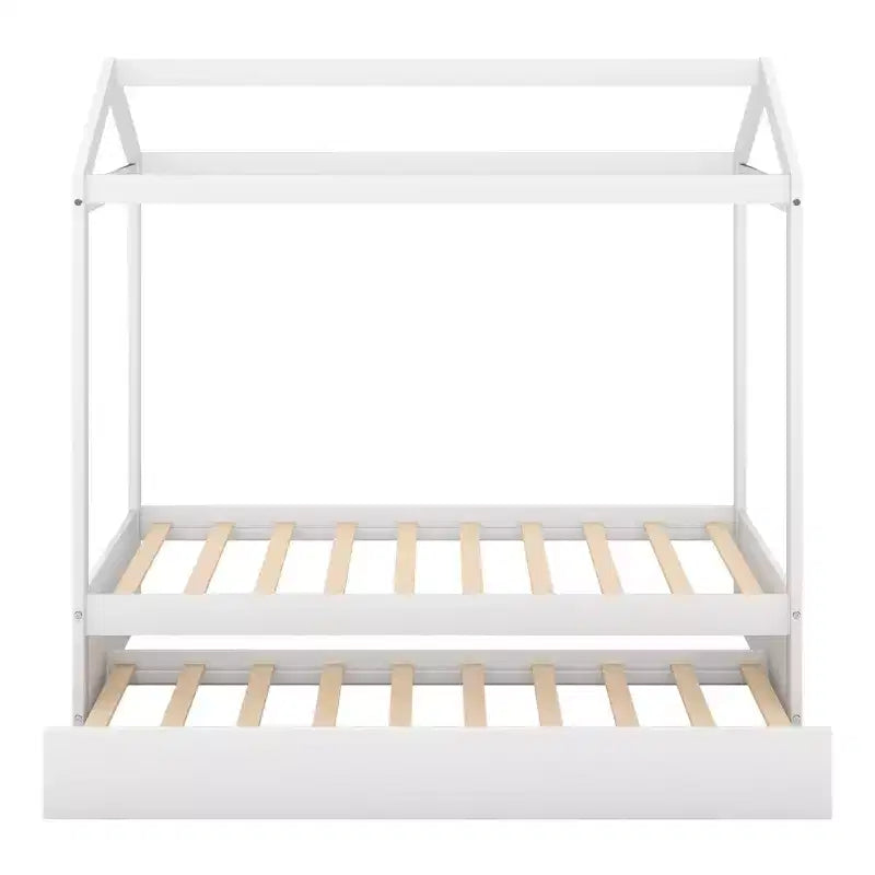 Lit cabane en bois double avec lit gigogne, blanc