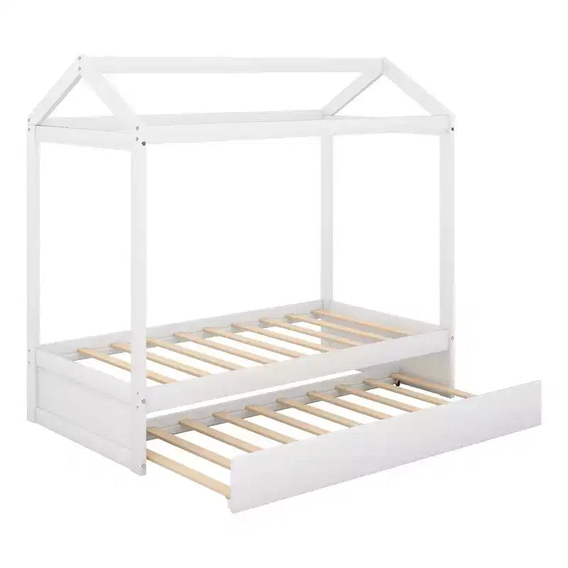 Lit cabane en bois double avec lit gigogne, blanc