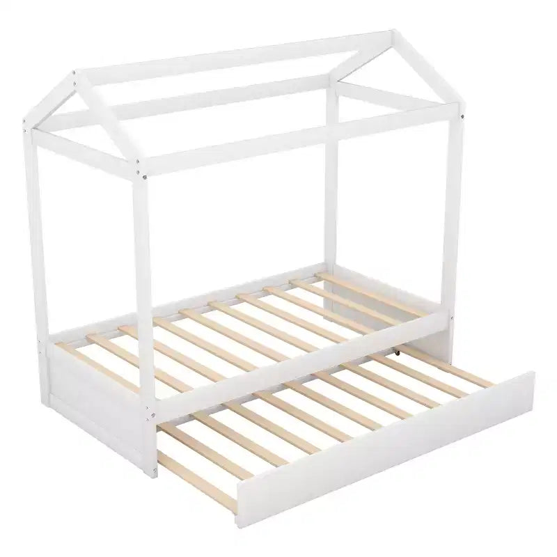 Lit cabane en bois double avec lit gigogne, blanc