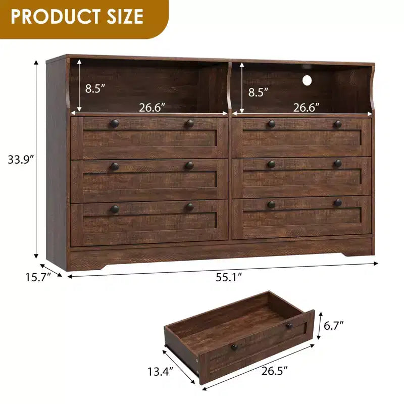 Commode en bois, 55 po de large, 6 tiroirs, parfaite pour organiser la chambre à coucher, le salon, le placard et le couloir.