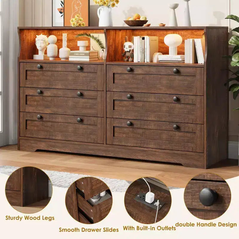 Commode en bois, 55 po de large, 6 tiroirs, parfaite pour organiser la chambre à coucher, le salon, le placard et le couloir.