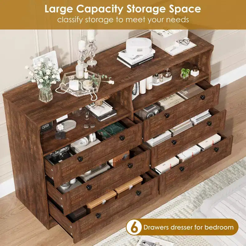 Commode en bois, 55 po de large, 6 tiroirs, parfaite pour organiser la chambre à coucher, le salon, le placard et le couloir.