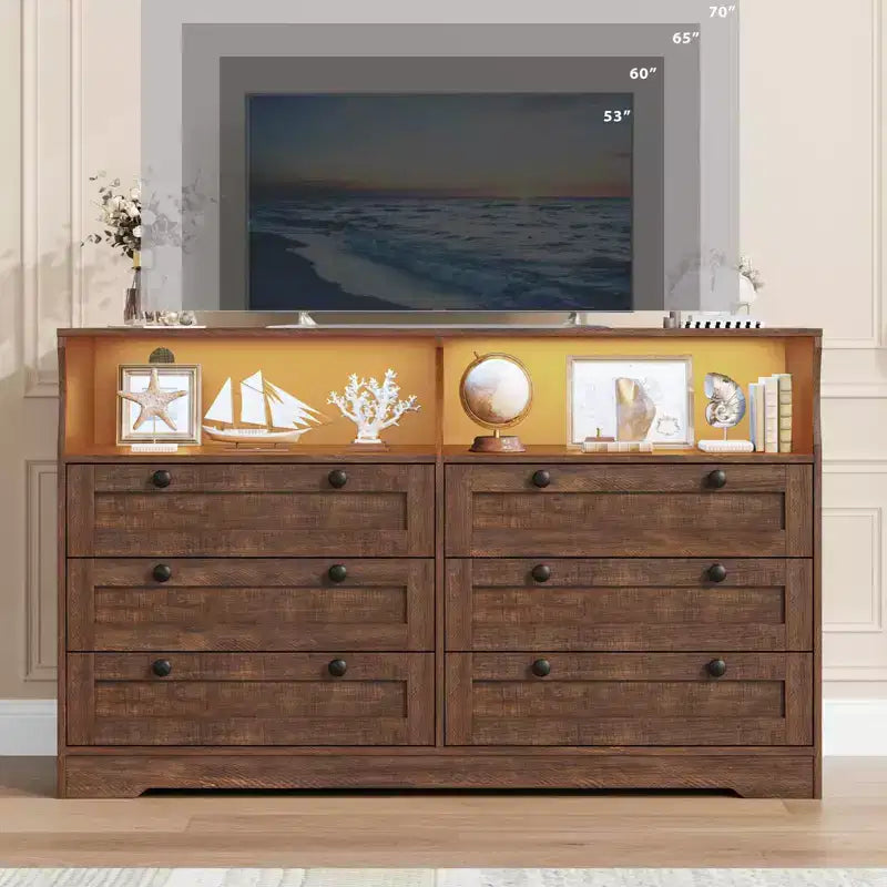 Commode en bois, 55 po de large, 6 tiroirs, parfaite pour organiser la chambre à coucher, le salon, le placard et le couloir.