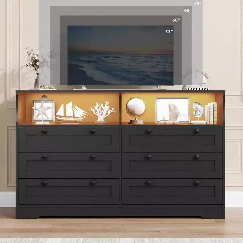 Commode en bois, 55 po de large, 6 tiroirs, parfaite pour organiser la chambre à coucher, le salon, le placard et le couloir.