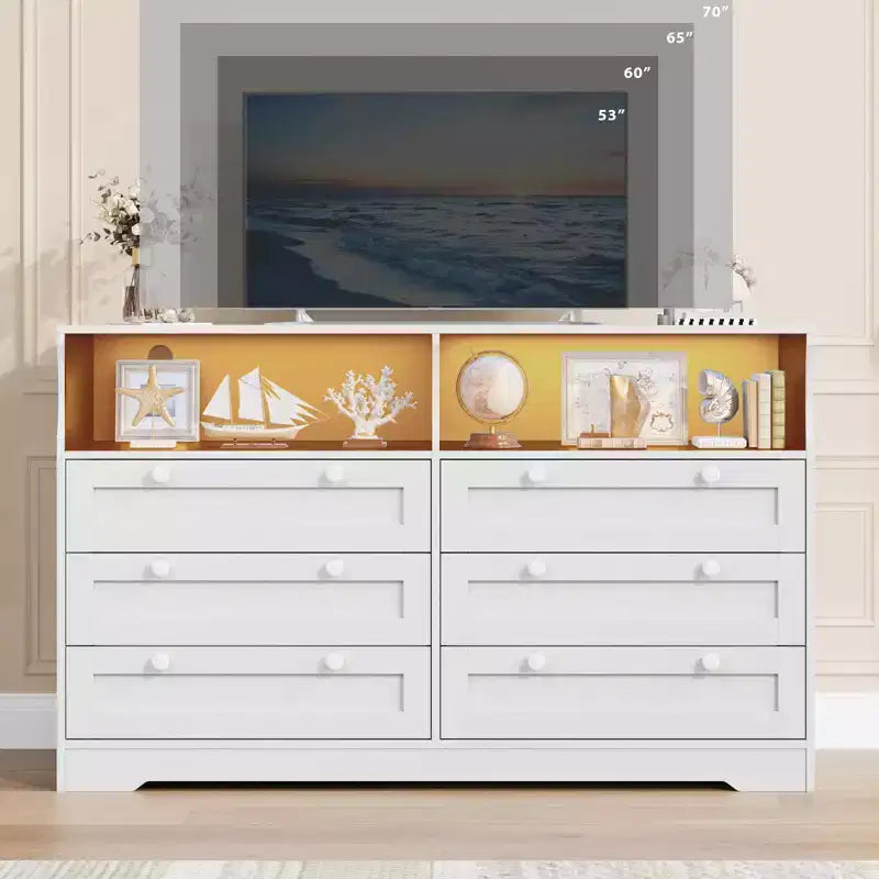 Commode en bois, 55 po de large, 6 tiroirs, parfaite pour organiser la chambre à coucher, le salon, le placard et le couloir.