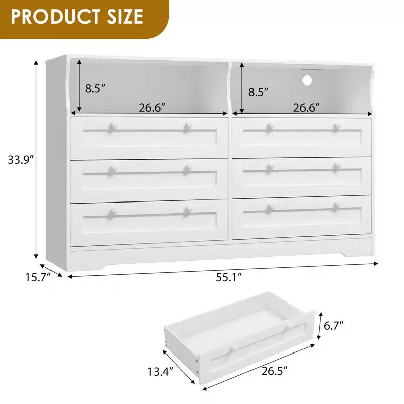 Commode en bois, 55 po de large, 6 tiroirs, parfaite pour organiser la chambre à coucher, le salon, le placard et le couloir.