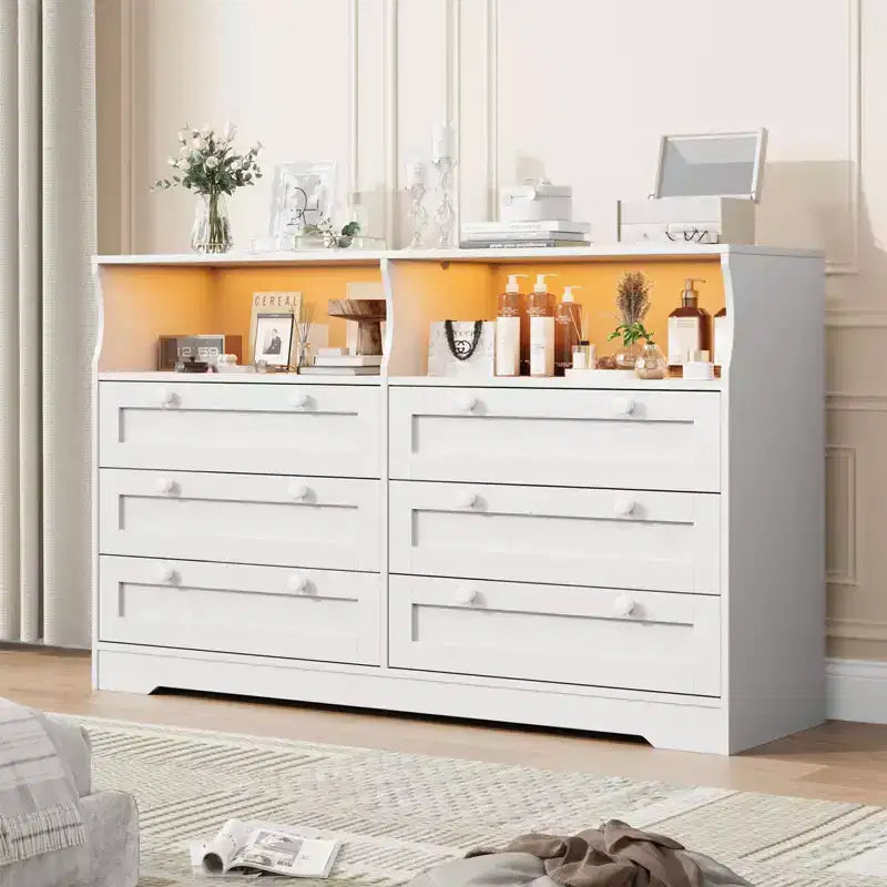 Commode en bois, 55 po de large, 6 tiroirs, parfaite pour organiser la chambre à coucher, le salon, le placard et le couloir.