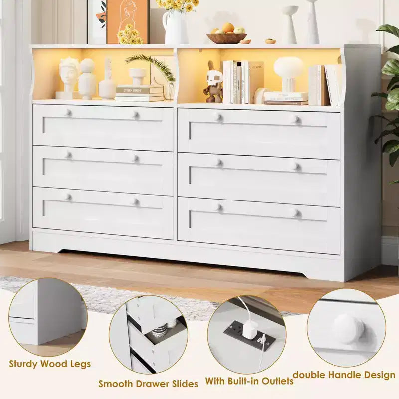 Commode en bois, 55 po de large, 6 tiroirs, parfaite pour organiser la chambre à coucher, le salon, le placard et le couloir.