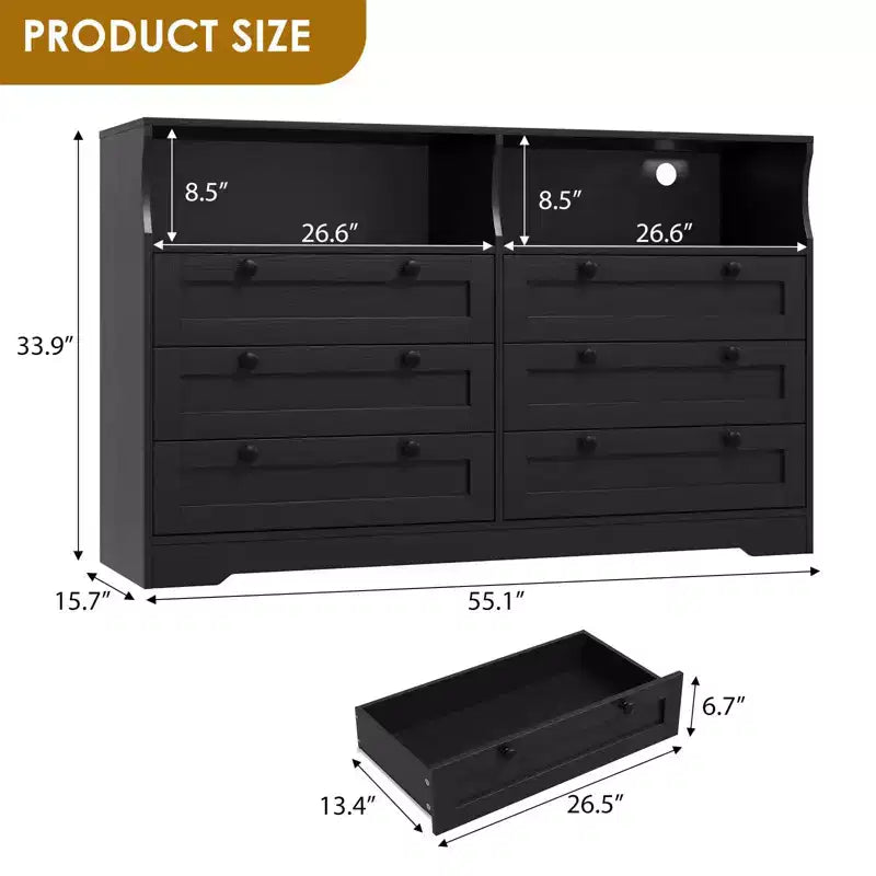 Commode en bois, 55 po de large, 6 tiroirs, parfaite pour organiser la chambre à coucher, le salon, le placard et le couloir.