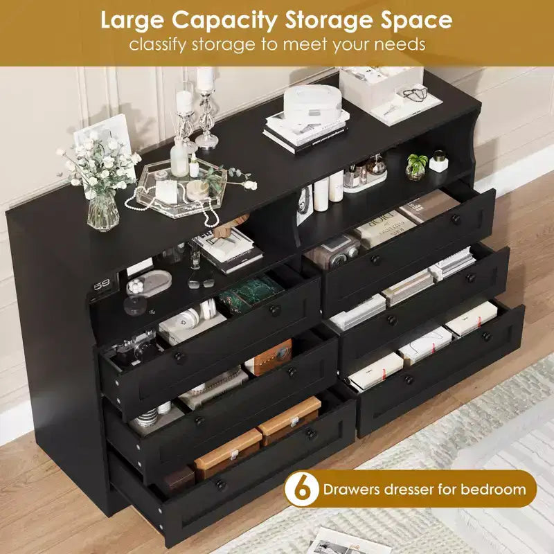 Commode en bois, 55 po de large, 6 tiroirs, parfaite pour organiser la chambre à coucher, le salon, le placard et le couloir.