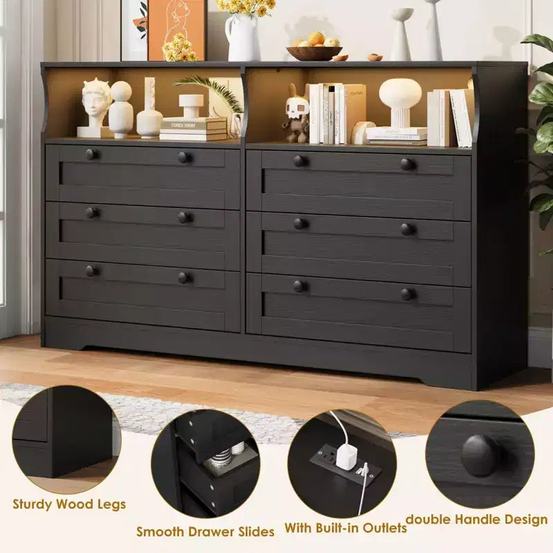 Commode en bois, 55 po de large, 6 tiroirs, parfaite pour organiser la chambre à coucher, le salon, le placard et le couloir.