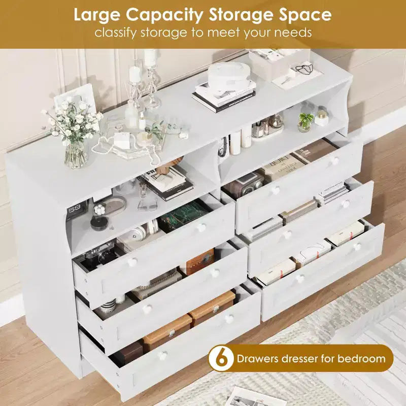 Commode en bois, 55 po de large, 6 tiroirs, parfaite pour organiser la chambre à coucher, le salon, le placard et le couloir.