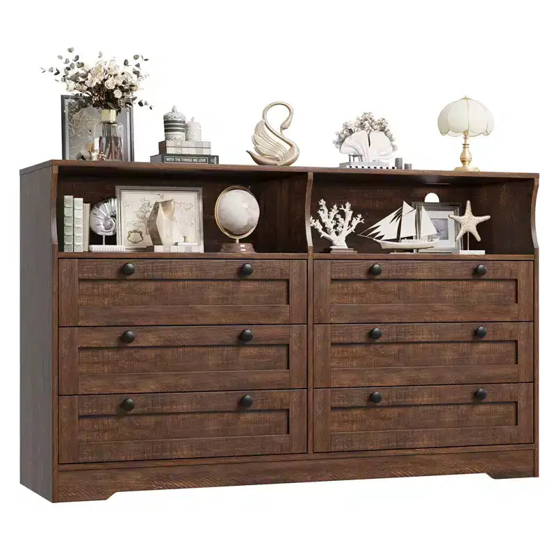 Commode en bois, 55 po de large, 6 tiroirs, parfaite pour organiser la chambre à coucher, le salon, le placard et le couloir.