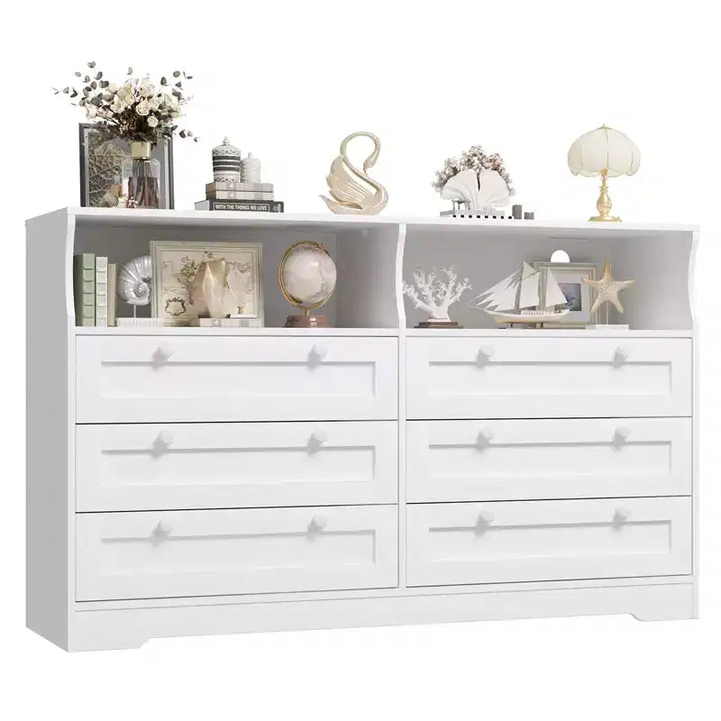 Commode en bois, 55 po de large, 6 tiroirs, parfaite pour organiser la chambre à coucher, le salon, le placard et le couloir.