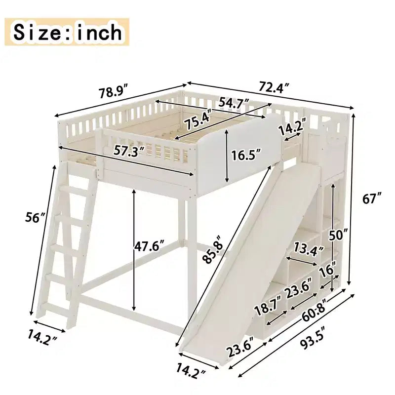 Lit mezzanine avec tête de lit rembourrée et étagères de rangement, cadre de lit mezzanine en bois massif avec échelle et toboggan pour enfants