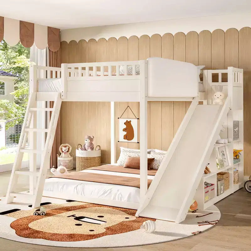 Lit mezzanine avec tête de lit rembourrée et étagères de rangement, cadre de lit mezzanine en bois massif avec échelle et toboggan pour enfants