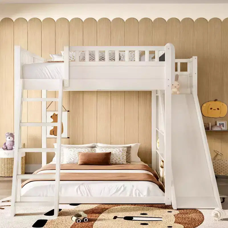 Lit mezzanine avec tête de lit rembourrée et étagères de rangement, cadre de lit mezzanine en bois massif avec échelle et toboggan pour enfants
