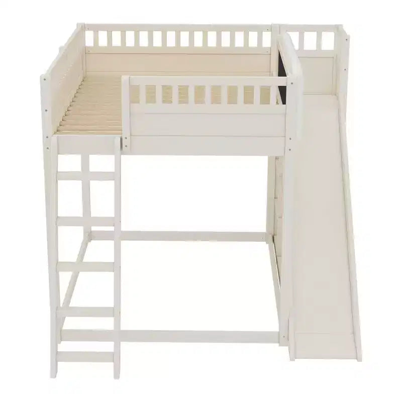 Lit mezzanine avec tête de lit rembourrée et étagères de rangement, cadre de lit mezzanine en bois massif avec échelle et toboggan pour enfants