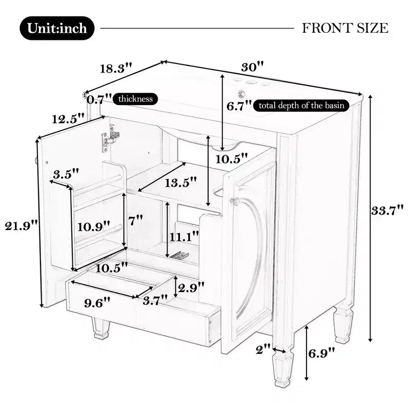 Meuble-lavabo de salle de bain 30 po, armoire de rangement de salle de bain avec tiroir et étagère de porte, meuble-lavabo simple