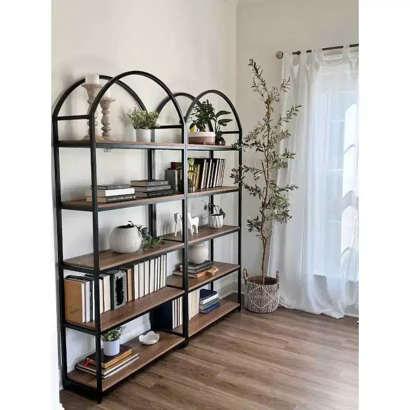 Étagère arche 5 niveaux en bois et métal, Chêne Recyclé/Noir Mat